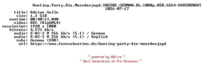 NFO for the release Hunting.Party.Die.Moerderjagd.S02E02.GERMAN.DL.1080p.WEB.h264-SAUERKRAUT by SAUERKRAUT