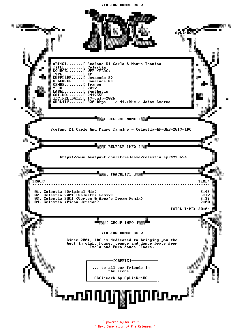 NFO for the release Stefano_Di_Carlo_And_Mauro_Tannino_-_Celestia-EP-WEB-2017-iDC by iDC