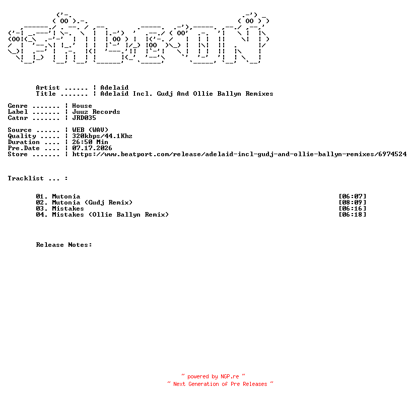 NFO for the release Adelaid-Adelaid_Incl._Gudj_And_Ollie_Ballyn_Remixes-(JRD035)-WEB-2026-FALCON by FALCON