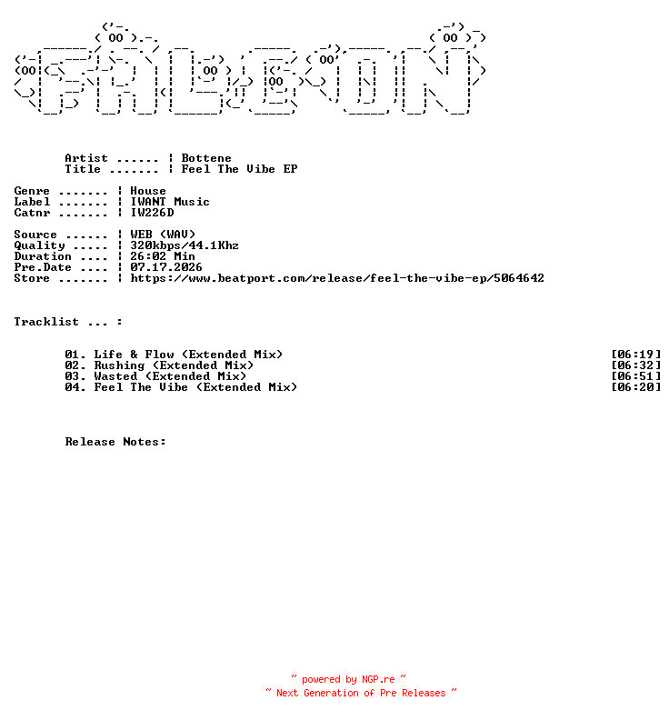 NFO for the release Bottene-Feel_The_Vibe_EP-(IW226D)-WEB-2025-FALCON by FALCON