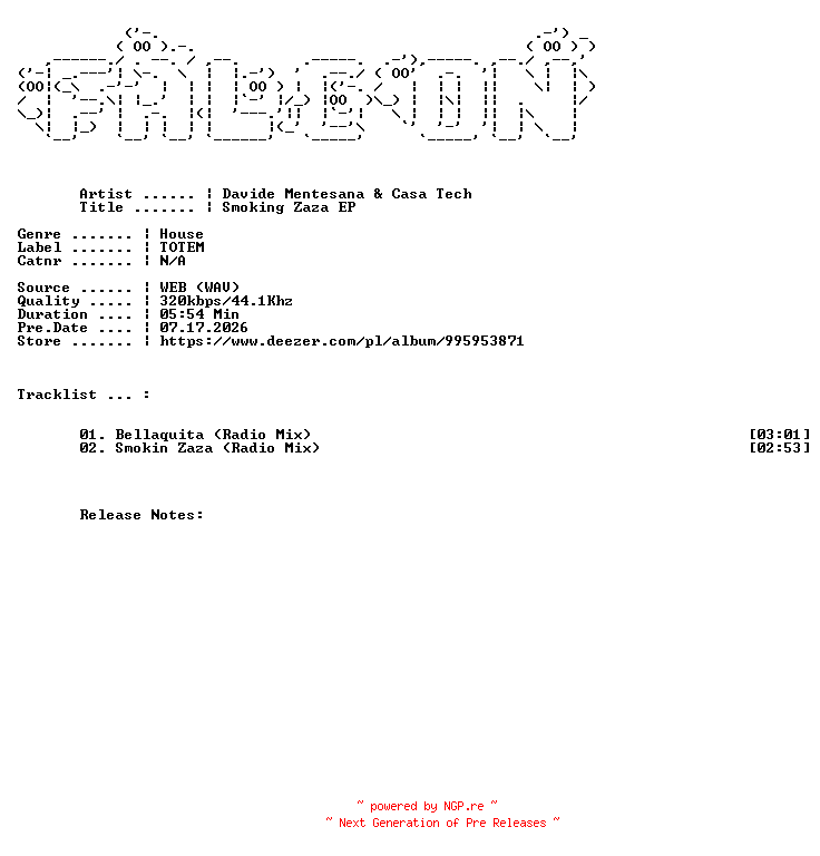 NFO for the release Davide_Mentesana_And_Casa_Tech-Smoking_Zaza_EP-WEB-2026-FALCON by FALCON