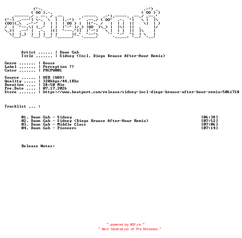 NFO for the release Dawn_Gab-Sidney_Incl._Diego_Krause_After-Hour_Remix-(PRCPW001)-WEB-2025-FALCON by FALCON