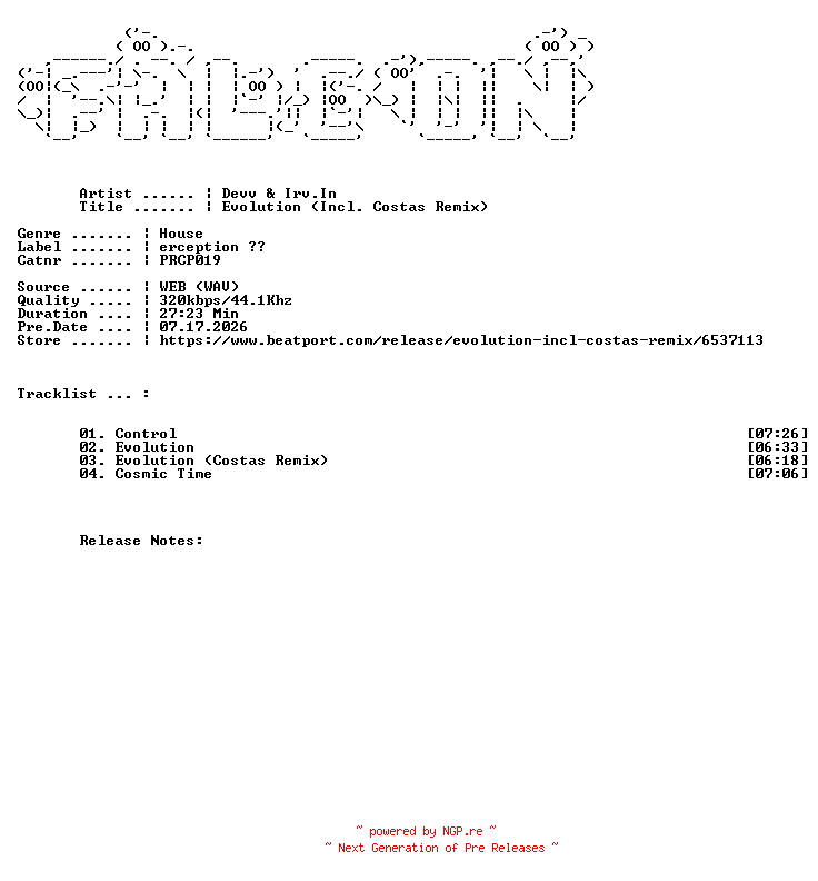 NFO for the release Devv_And_Irv.In-Evolution_Incl._Costas_Remix-(PRCP019)-WEB-2026-FALCON by FALCON