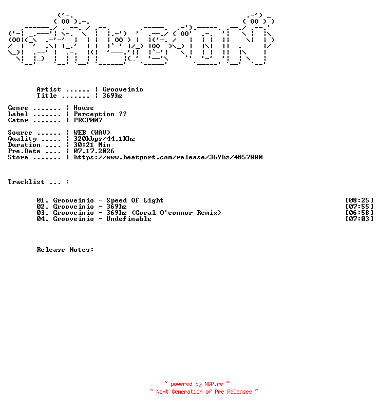 NFO for the release Grooveinio-369hz-(PRCP007)-WEB-2025-FALCON by FALCON
