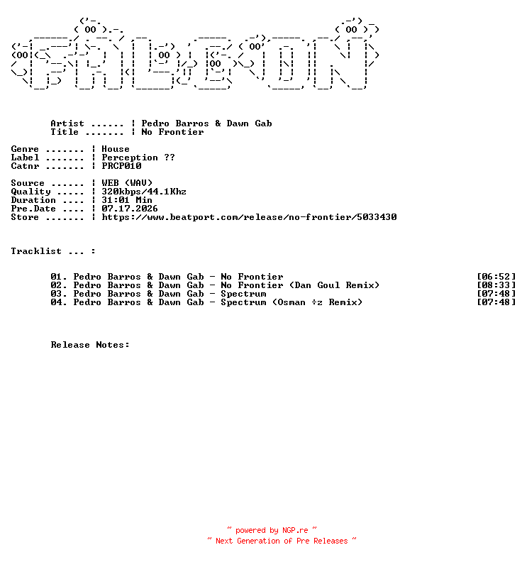 NFO for the release Pedro_Barros_And_Dawn_Gab-No_Frontier-(PRCP010)-WEB-2025-FALCON by FALCON