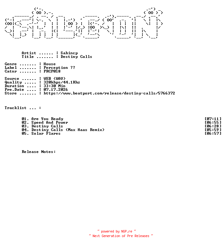 NFO for the release Sabincp-Destiny_Calls-(PRCP018)-WEB-2026-FALCON by FALCON