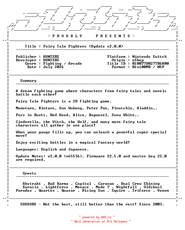 NFO for the release Fairy_Tale_Fighters_Update_v2.0.0_NSW-SUXXORS by SUXXORS
