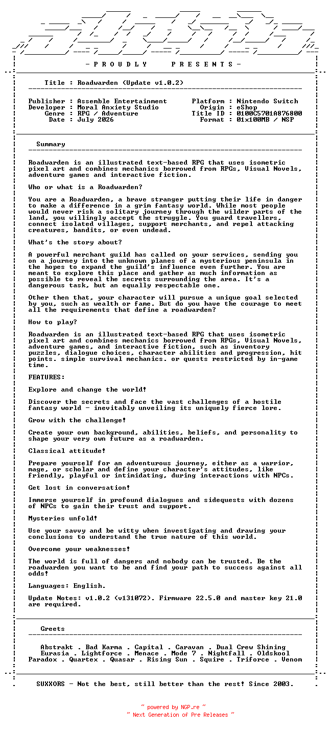 NFO for the release Roadwarden_Update_v1.0.2_NSW-SUXXORS by SUXXORS