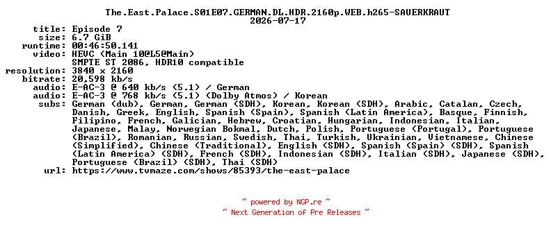 NFO for the release The.East.Palace.S01E07.GERMAN.DL.HDR.2160p.WEB.h265-SAUERKRAUT by SAUERKRAUT
