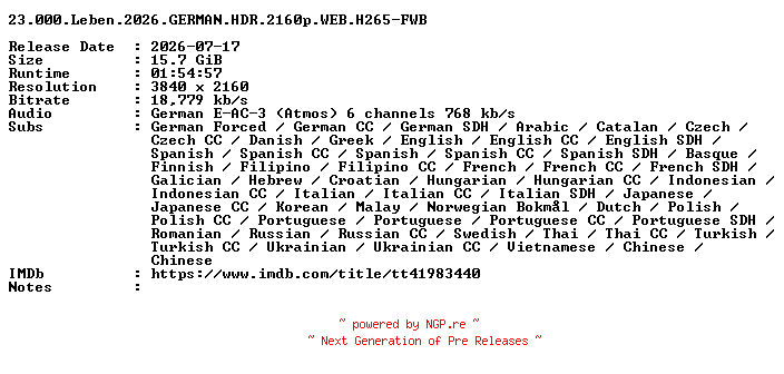 NFO for the release 23.000.Leben.2026.GERMAN.HDR.2160p.WEB.H265-FWB by FWB