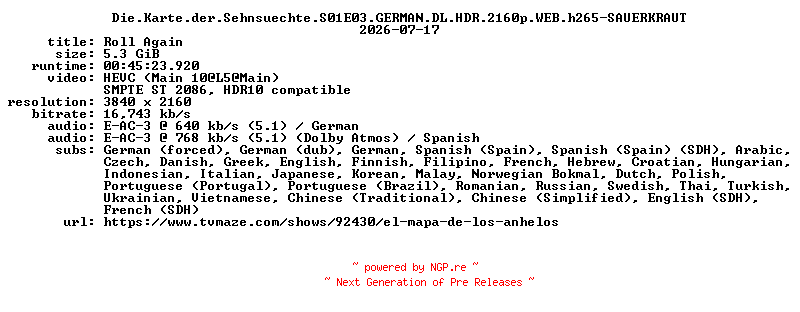 NFO for the release Die.Karte.der.Sehnsuechte.S01E03.GERMAN.DL.HDR.2160p.WEB.h265-SAUERKRAUT by SAUERKRAUT