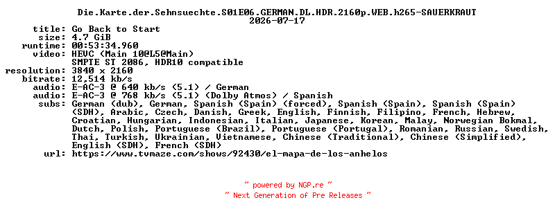 NFO for the release Die.Karte.der.Sehnsuechte.S01E06.GERMAN.DL.HDR.2160p.WEB.h265-SAUERKRAUT by SAUERKRAUT