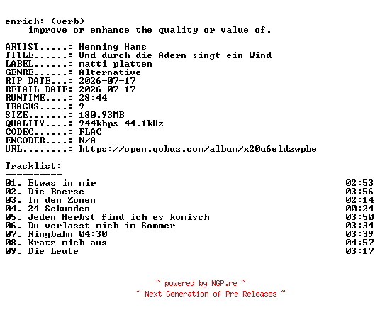 NFO for the release Henning_Hans-Und_durch_die_Adern_singt_ein_Wind-DE-16BIT-WEB-FLAC-2026-ENRiCH by ENRiCH