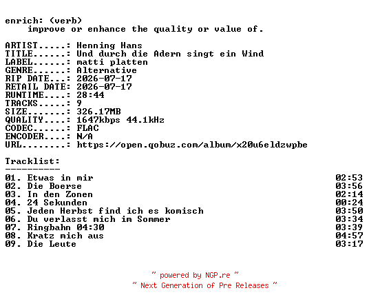 NFO for the release Henning_Hans-Und_durch_die_Adern_singt_ein_Wind-DE-24BIT-WEB-FLAC-2026-ENRiCH by ENRiCH