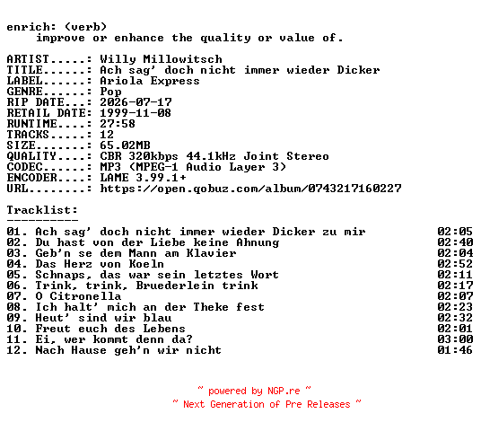 NFO for the release Willy_Millowitsch-Ach_sag_doch_nicht_immer_wieder_Dicker-WEB-DE-1999-ENRiCH by ENRiCH