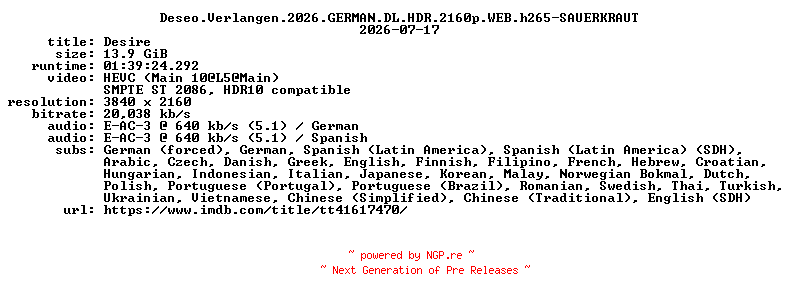 NFO for the release Deseo.Verlangen.2026.GERMAN.DL.HDR.2160p.WEB.h265-SAUERKRAUT by SAUERKRAUT