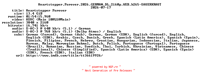 NFO for the release Heartstopper.Forever.2026.GERMAN.DL.2160p.WEB.h265-SAUERKRAUT by SAUERKRAUT