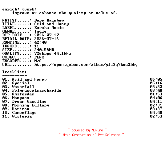 NFO for the release Babe_Rainbow-Acid_and_Honey-16BIT-WEB-FLAC-2026-ENRiCH by ENRiCH
