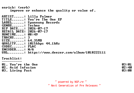 NFO for the release Lilly_Palmer-Youre_The_One_EP-16BIT-WEB-FLAC-2026-ENRiCH by ENRiCH