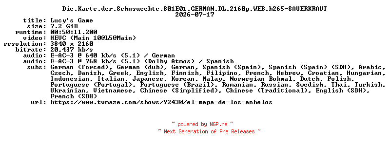 NFO for the release Die.Karte.der.Sehnsuechte.S01E01.GERMAN.DL.2160p.WEB.h265-SAUERKRAUT by SAUERKRAUT