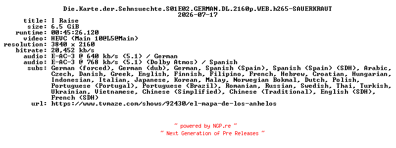 NFO for the release Die.Karte.der.Sehnsuechte.S01E02.GERMAN.DL.2160p.WEB.h265-SAUERKRAUT by SAUERKRAUT