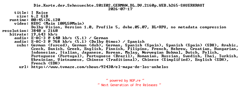 NFO for the release Die.Karte.der.Sehnsuechte.S01E02.GERMAN.DL.DV.2160p.WEB.h265-SAUERKRAUT by SAUERKRAUT