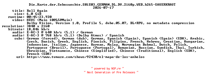 NFO for the release Die.Karte.der.Sehnsuechte.S01E03.GERMAN.DL.DV.2160p.WEB.h265-SAUERKRAUT by SAUERKRAUT