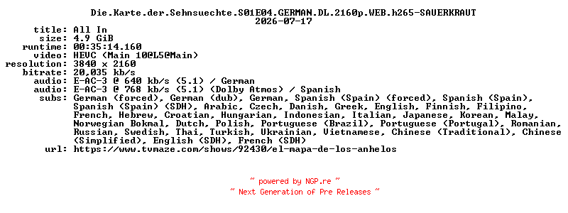 NFO for the release Die.Karte.der.Sehnsuechte.S01E04.GERMAN.DL.2160p.WEB.h265-SAUERKRAUT by SAUERKRAUT