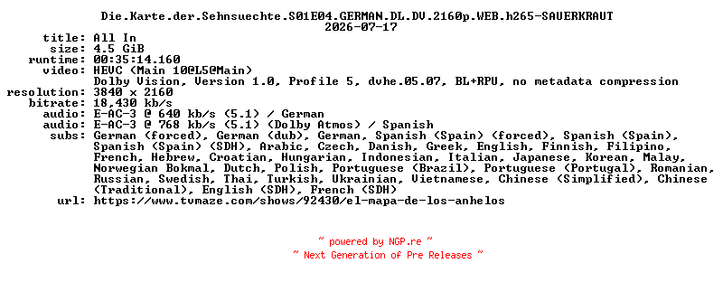 NFO for the release Die.Karte.der.Sehnsuechte.S01E04.GERMAN.DL.DV.2160p.WEB.h265-SAUERKRAUT by SAUERKRAUT