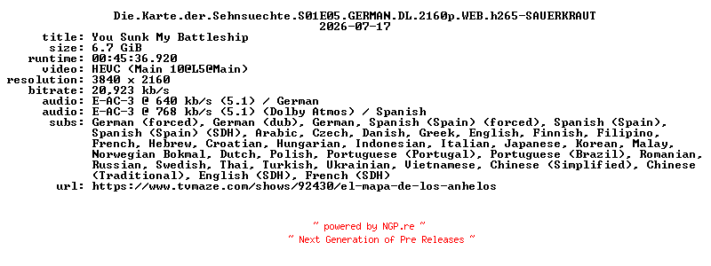 NFO for the release Die.Karte.der.Sehnsuechte.S01E05.GERMAN.DL.2160p.WEB.h265-SAUERKRAUT by SAUERKRAUT