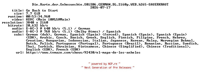 NFO for the release Die.Karte.der.Sehnsuechte.S01E06.GERMAN.DL.2160p.WEB.h265-SAUERKRAUT by SAUERKRAUT