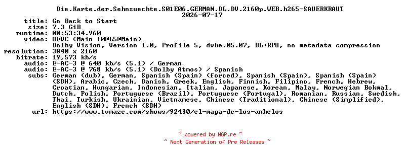 NFO for the release Die.Karte.der.Sehnsuechte.S01E06.GERMAN.DL.DV.2160p.WEB.h265-SAUERKRAUT by SAUERKRAUT
