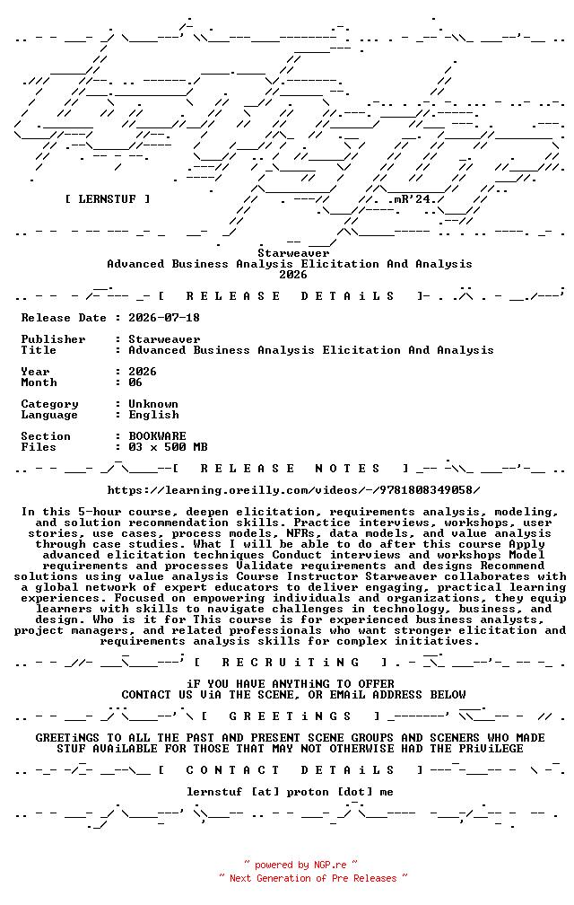 NFO for the release Starweaver.-.Advanced.Business.Analysis.Elicitation.And.Analysis.2026.BOOKWARE-LERNSTUF by LERNSTUF
