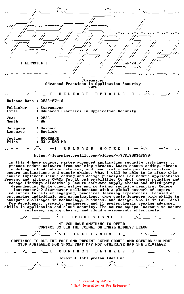 NFO for the release Starweaver.-.Advanced.Practices.In.Application.Security.2026.BOOKWARE-LERNSTUF by LERNSTUF