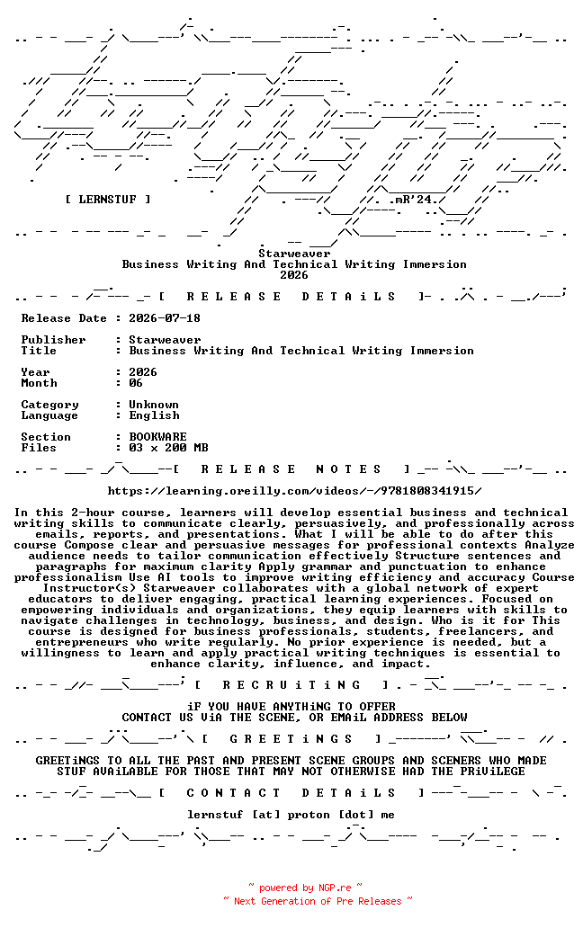 NFO for the release Starweaver.-.Business.Writing.And.Technical.Writing.Immersion.2026.BOOKWARE-LERNSTUF by LERNSTUF