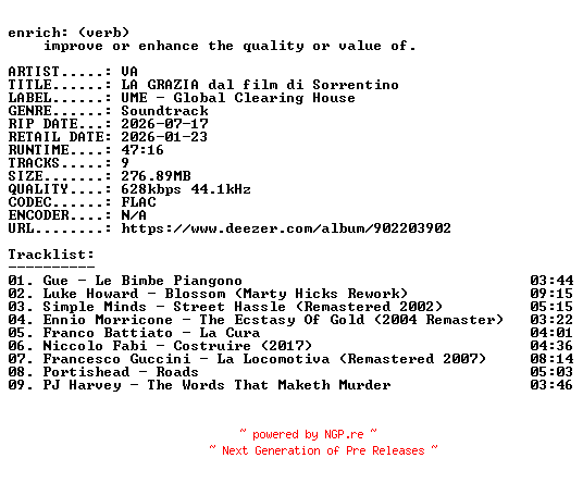NFO for the release VA-LA_GRAZIA_dal_film_di_Sorrentino-OST-16BIT-WEB-FLAC-2026-ENRiCH by ENRiCH