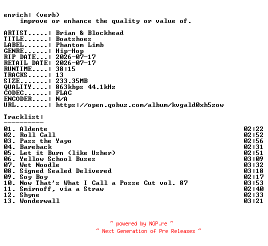 NFO for the release Brian_and_Blockhead-Boatshoes-16BIT-WEB-FLAC-2026-ENRiCH by ENRiCH