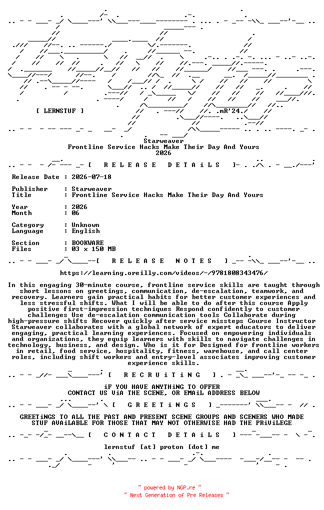 NFO for the release Starweaver.-.Frontline.Service.Hacks.Make.Their.Day.And.Yours.2026.BOOKWARE-LERNSTUF by LERNSTUF