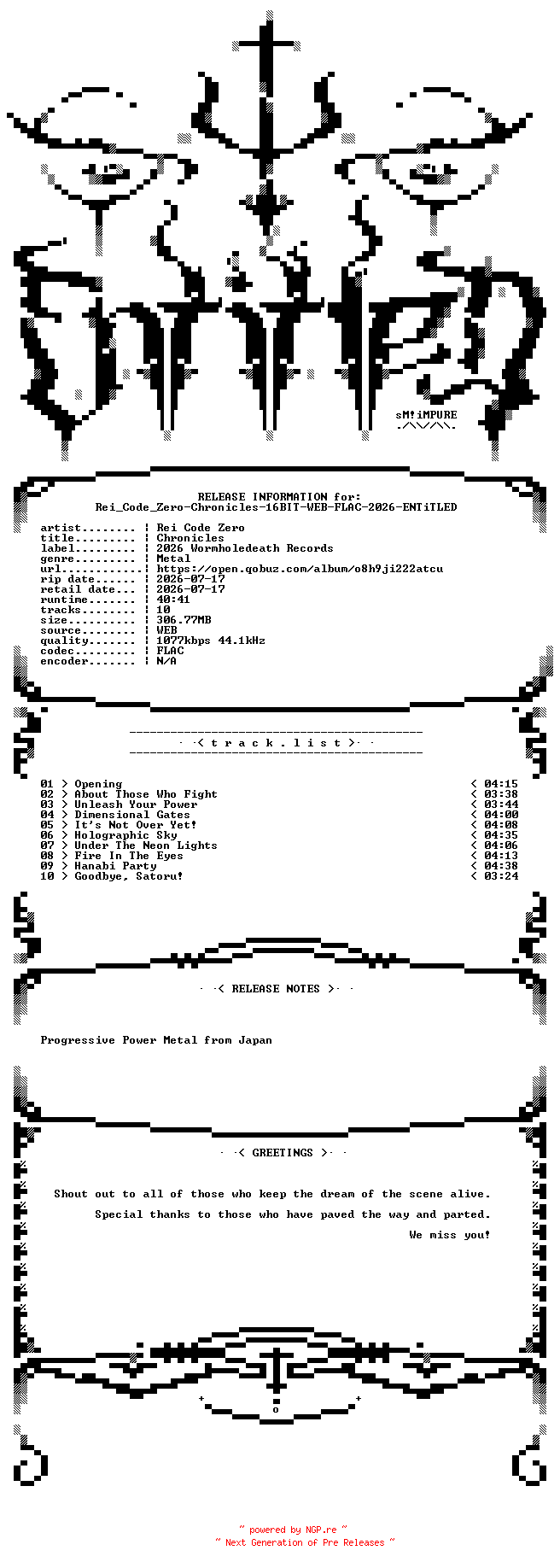 NFO for the release Rei_Code_Zero-Chronicles-16BIT-WEB-FLAC-2026-ENTiTLED by ENTiTLED