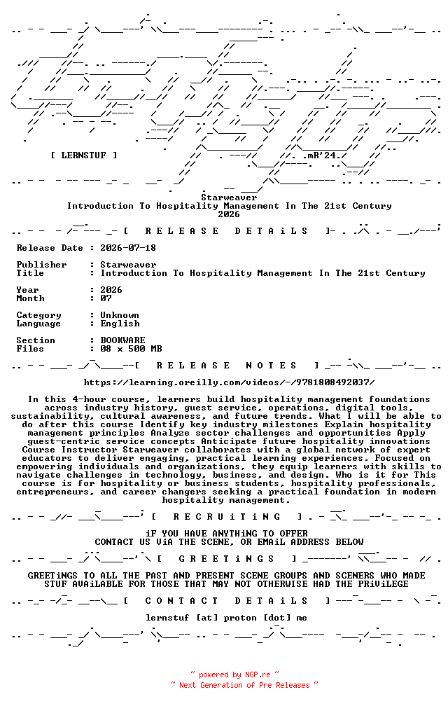 NFO for the release Starweaver.-.Introduction.To.Hospitality.Management.In.The.21st.Century.2026.BOOKWARE-LERNSTUF by LERNSTUF
