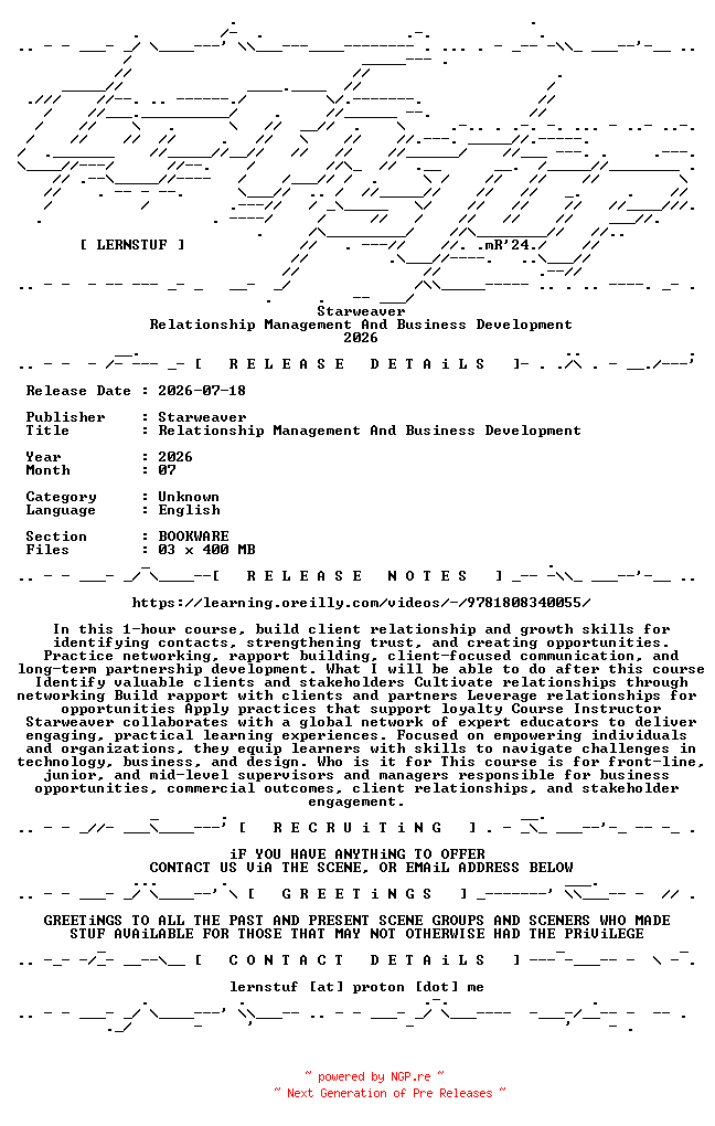NFO for the release Starweaver.-.Relationship.Management.And.Business.Development.2026.BOOKWARE-LERNSTUF by LERNSTUF