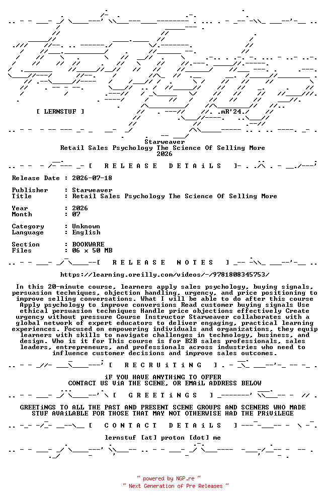 NFO for the release Starweaver.-.Retail.Sales.Psychology.The.Science.Of.Selling.More.2026.BOOKWARE-LERNSTUF by LERNSTUF