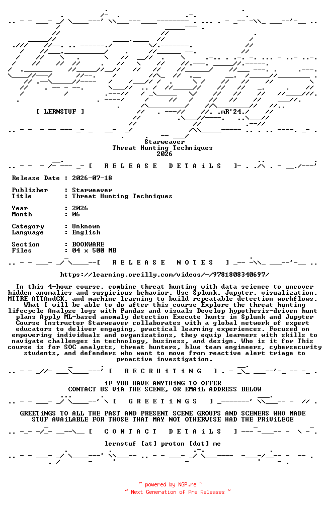 NFO for the release Starweaver.-.Threat.Hunting.Techniques.2026.BOOKWARE-LERNSTUF by LERNSTUF