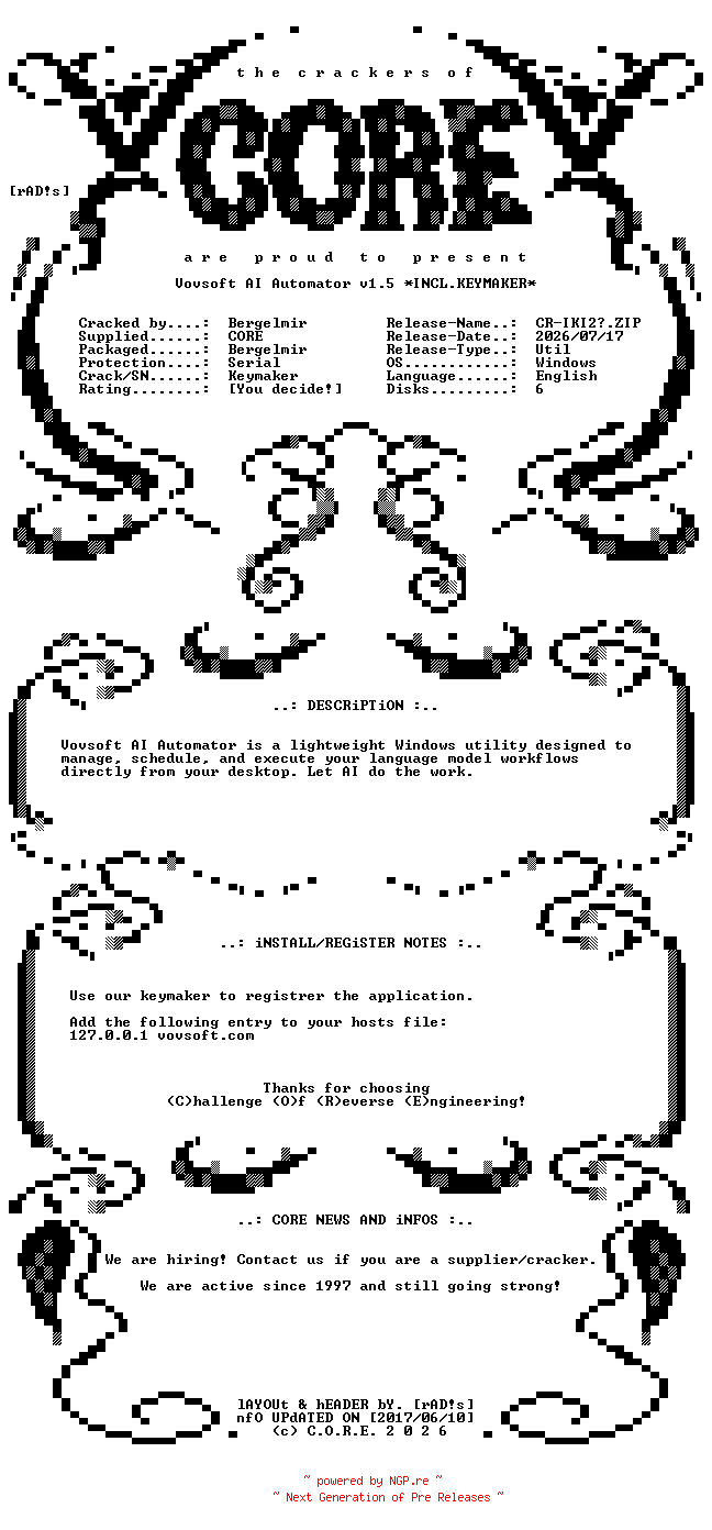 NFO for the release Vovsoft.AI.Automator.v1.5.x64.Incl.Keymaker-CORE by CORE