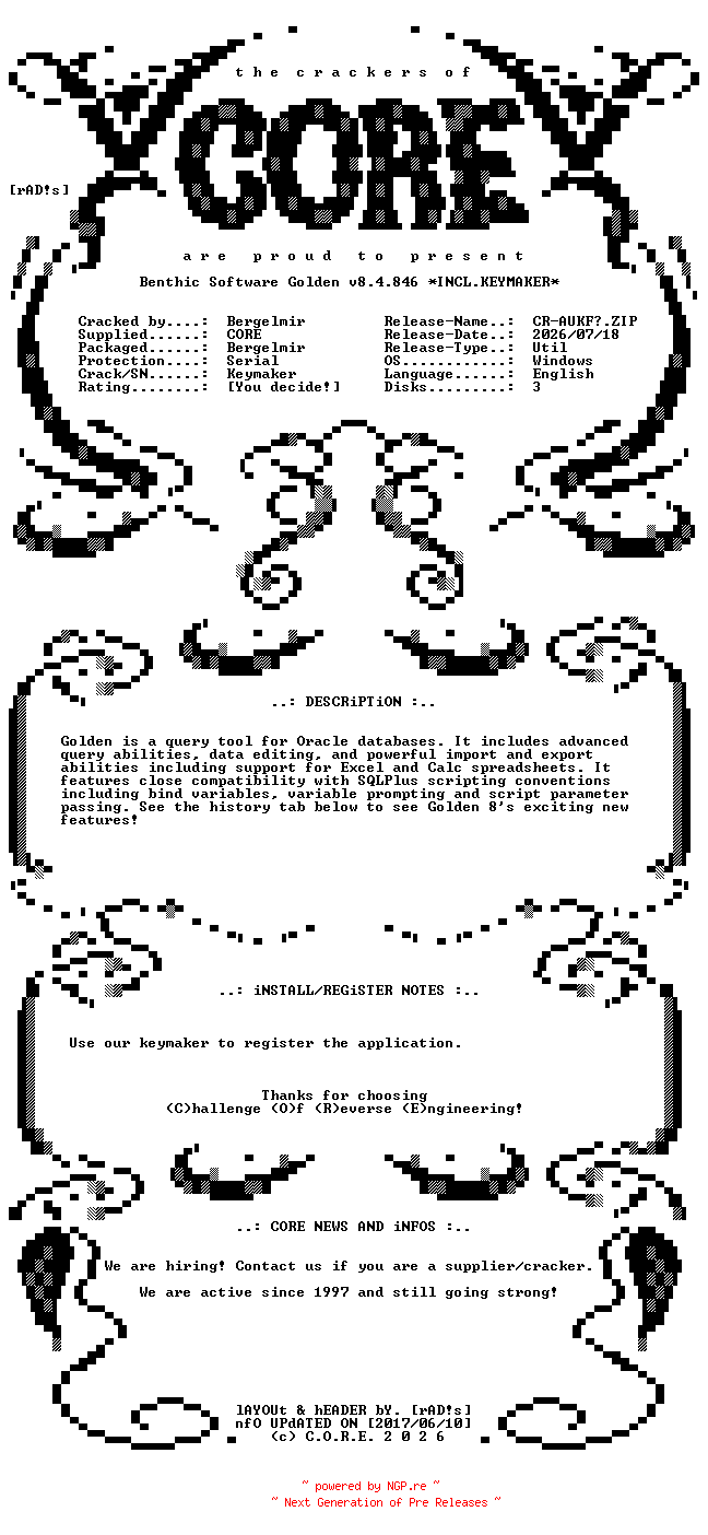 NFO for the release Benthic.Software.Golden.v8.4.846.Incl.Keymaker-CORE by CORE