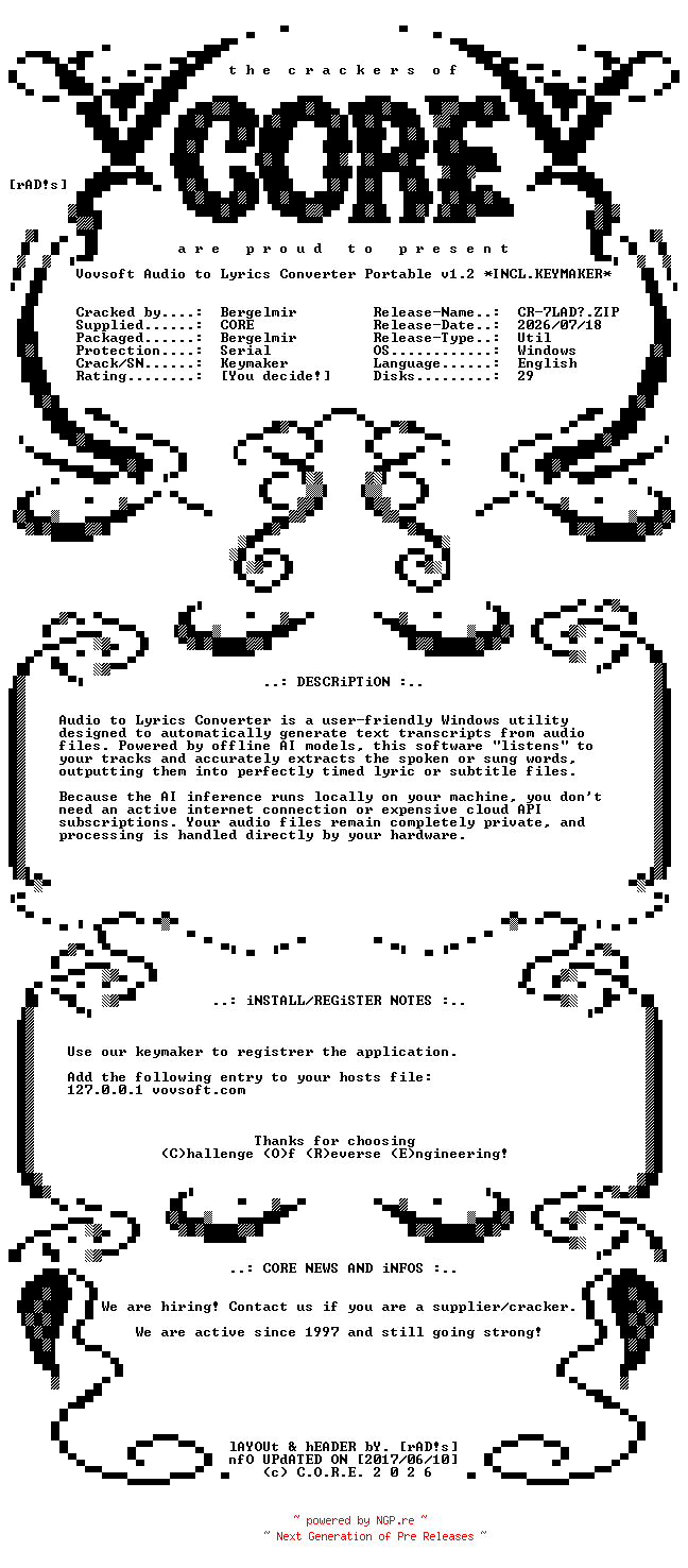 NFO for the release Vovsoft.Audio.to.Lyrics.Converter.Portable.v1.2.Incl.Keymaker-CORE by CORE