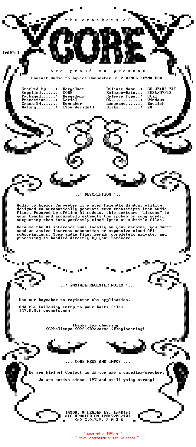 NFO for the release Vovsoft.Audio.to.Lyrics.Converter.v1.2.Incl.Keymaker-CORE by CORE
