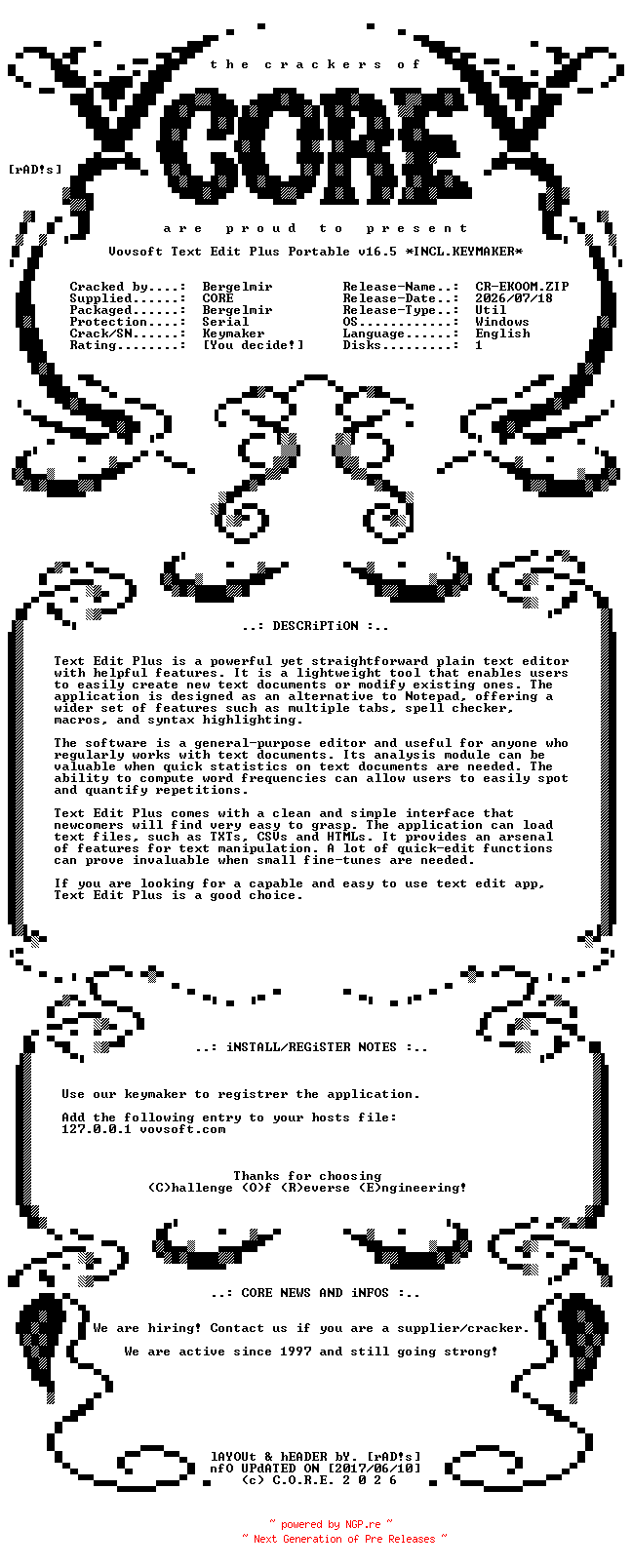 NFO for the release Vovsoft.Text.Edit.Plus.Portable.v16.5.Incl.Keymaker-CORE by CORE