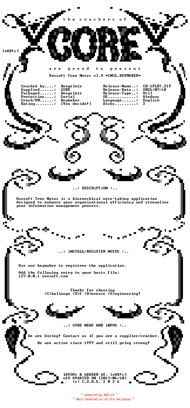 NFO for the release Vovsoft.Tree.Notes.v3.4.Incl.Keymaker-CORE by CORE