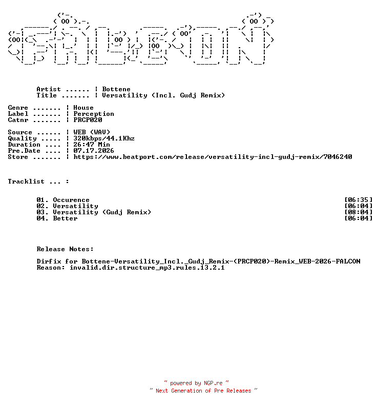 NFO for the release Bottene-Versatility_Incl._Gudj_Remix-(PRCP020)-DIRFIX-WEB-2026-FALCON by FALCON